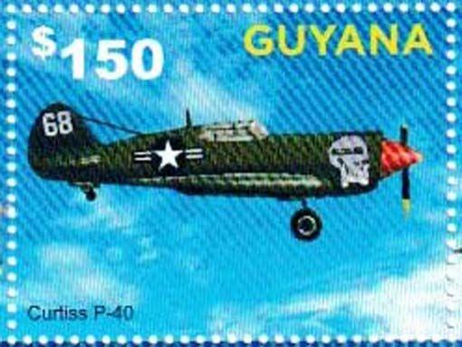 14 Guyana - Kleinbogen mit 6 Werten und Block mit 2 Werten „Flugzeuge aus dem II. Weltkrieg“, noch ohne Mi.-Nr., Beispielabbildung eines Wertes aus dem Kleinbogen: Curtiss P-40N Warhawk