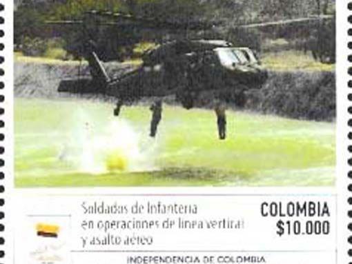 19 Kolumbien - 2 Marken aus 8-wertiger Serie „200 Jahre kolumbianische Infanterie“, noch ohne Mi.-Nr., Beispielabbildung: Sikorsky AH-60L Arpia (UH-60L)