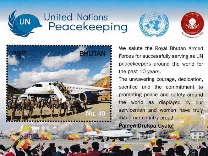 02 Bhutan -Block mit Einzelmarke „Friedenssicherung der Vereinten Nationen“, noch ohne Mi.-Nr., Airbus A319-115 von Drukair- Royal Bhutan Airlines