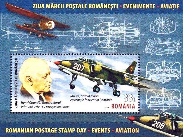 31 Rumänien - 4-wertige Serie und 2 Blocks „Tag der Briefmarke / Luftfahrt“, Mi.-Nr. 8367-70, Block 1006(8367-70) und Block 1007(8371), Beispielabbildung: Block 1007(8371) IAR 93MB Vultur, Henri Coanda