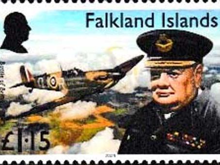 05 Falklandinseln - Einzelwert aus 4-wertiger Serie „150. Geburtstag von Winston Churchill“, noch ohne Mi.-Nr.: Churchill in der Uniform eines Air Commodore der RAF, Supermarine Spitfire Mk.IIA „Falkland Islands“